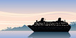 A silhouette of a cartoon cruise ship at rest of the coast of a vacation destination coastline.