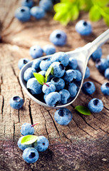 Sticker - Blueberry on wooden background. Ripe and juicy fresh picked blueberries closeup