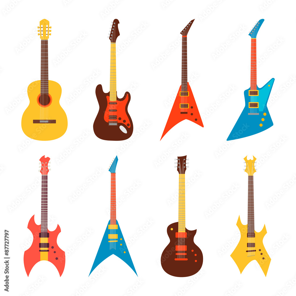 acoustic and electric guitars set. flat style vector illustration - obrazy, fototapety, plakaty 