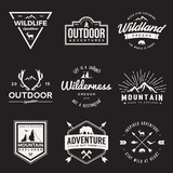 Fototapeta Dinusie - vector set of wilderness and nature exploration vintage  logos, emblems, silhouettes and design elements. outdoor activity symbols with grunge textures