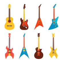 Acoustic And Electric Guitars Set. Flat Style Vector Illustration