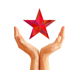 Wall Mural - low poly polygon cupped hand keeps red star