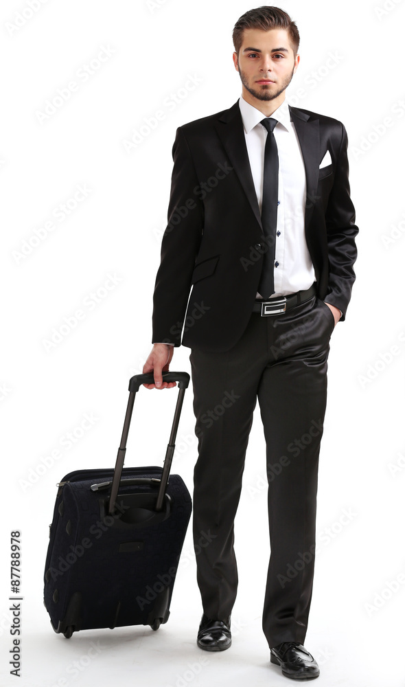 Elegant man in suit with suitcase isolated on white