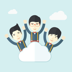 Sticker - Three happy chinese businessmen on the cloud