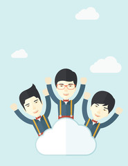 Sticker - Three happy chinese businessmen on the cloud