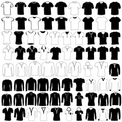 Vector set of men and women wear and fashion, collection of hand drawing t shirt, jersey, wool sweater, polo shirt, dress shirt, hooded sweatshirt, pullover and undershirt.