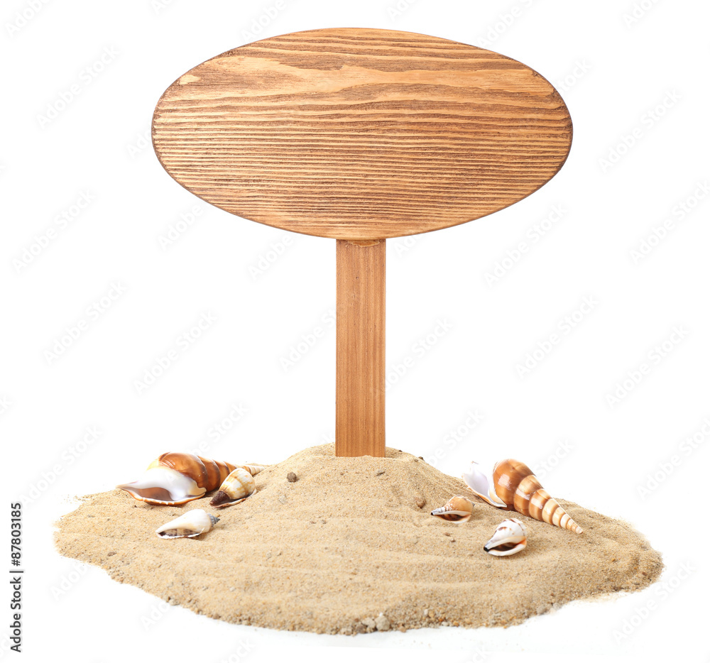 Wooden signboard with sand isolated on white