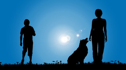 Canvas Print - Vector silhouette of a couple with a dog.