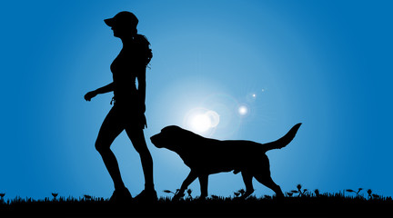 Canvas Print - Vector silhouette of a woman with a dog.