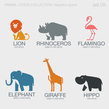 Africa Safari Wild Animals Logos Negative Space Style Design Vec