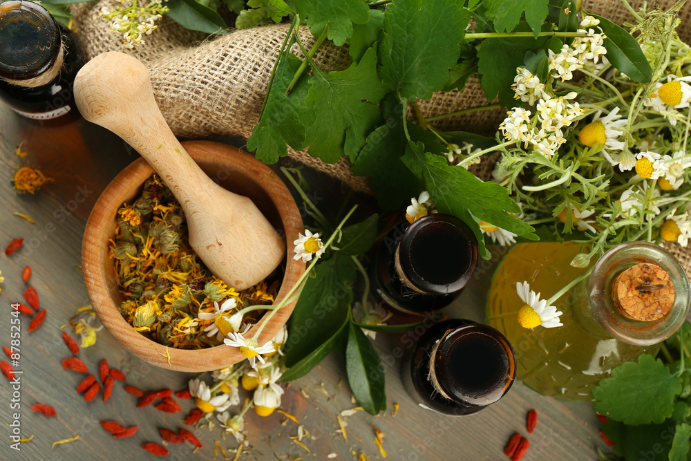 Herbs, berries and flowers with mortar, on wooden table background