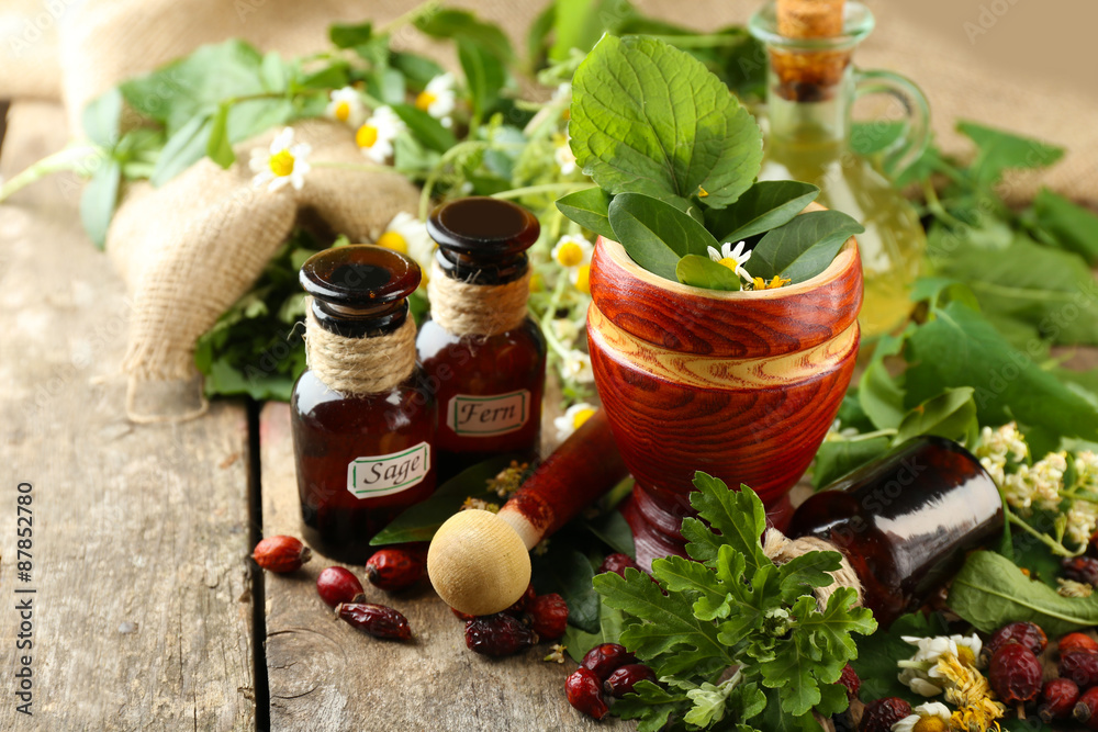 Herbs, berries and flowers with mortar, on wooden table background