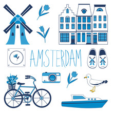 Colorful Amsterdam Related Icons Set