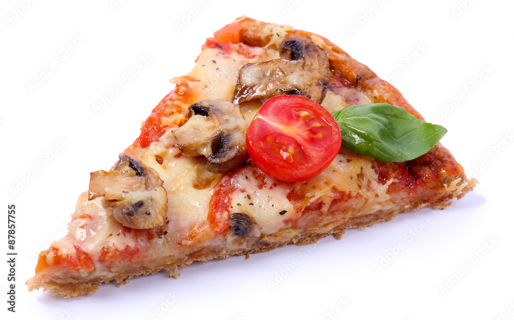 Slice of tasty pizza with vegetables and basil isolated on white