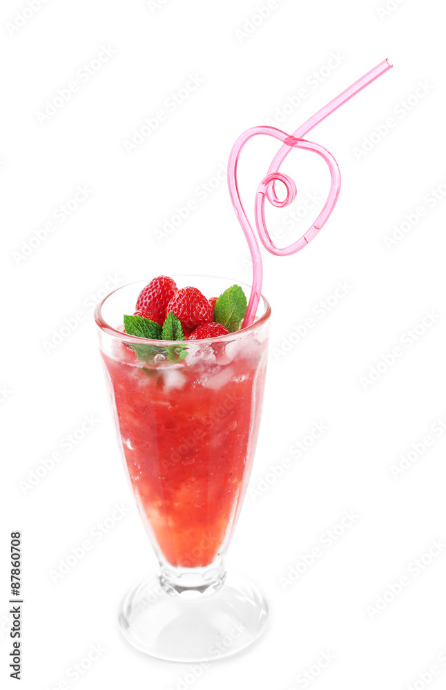 Strawberry lemonade with ice in glass, isolated on white