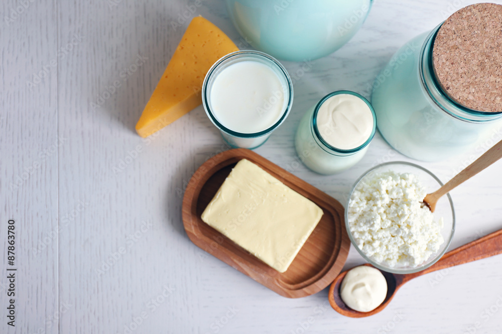 Dairy products on wooden table