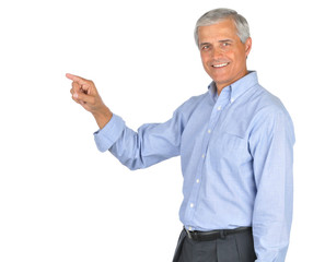 Wall Mural - Businessman in Blue Shirt Smiling and Pointing