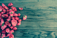 Red Roses On Wooden Background, Vintage Denim Effect