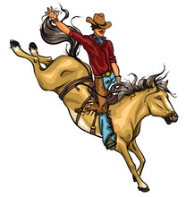 Rodeo Cowboy Riding A Horse Isolated.