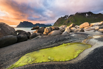 Wall Mural - dramatic sunset over utakleiv beach on lofoten islands, norway