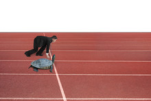 Businessman And Turtle Are Ready To Race On Running Track