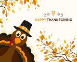 Fototapeta Dmuchawce - Vector Illustration of a Happy Thanksgiving Celebration Design with Cartoon Turkey and Autumn Leaves
