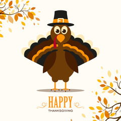 Vector Illustration of a Happy Thanksgiving Celebration Design with Cartoon Turkey and Autumn Leaves