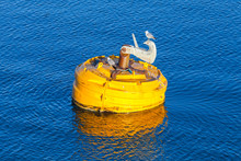Yellow Buoy With Seagulls Floats On Water