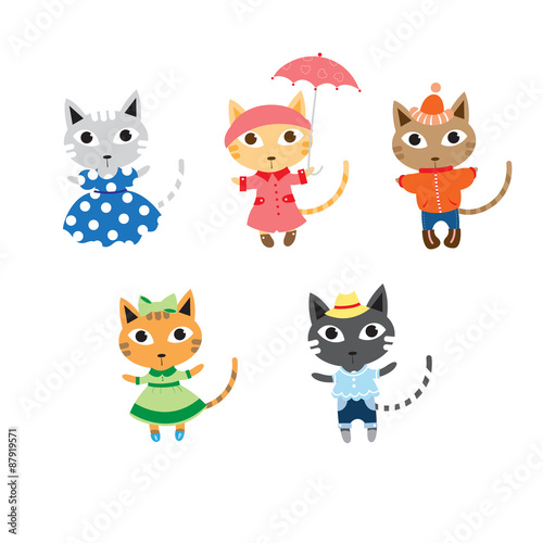 Set with five cute cartoon fashionable cats in different clothes