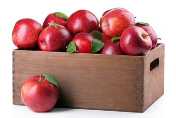 Wall Mural - Red apples in wooden crate isolate on white