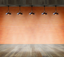 Wall Mural - Blank frame on brick wall and wood floor for information message