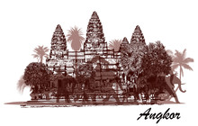 Angkor Wat With Elephants And Palm Trees