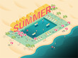 isometric letters summer text with pool and ocean vector illustr