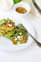 Canvas Print - zucchini pancakes with greens and cheese