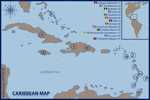 Obraz w ramie Caribbean Map with Flags and Location