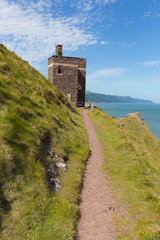 Canvas Print - South west coast path near Porlock Somerset England UK coastguard tower 