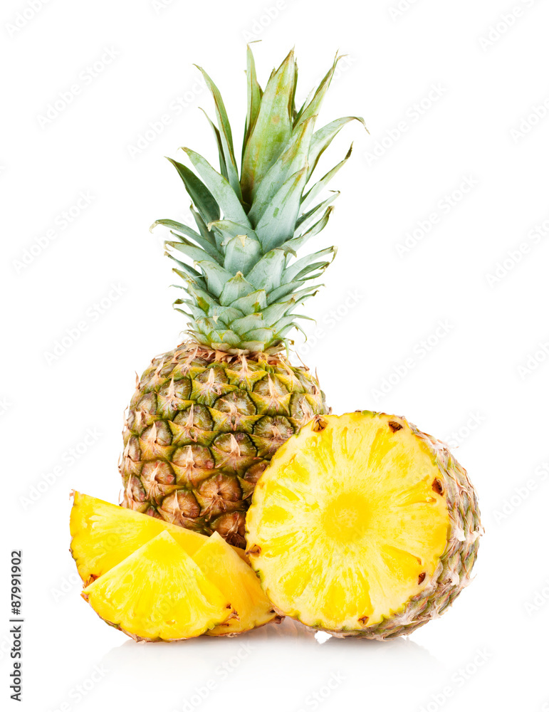 Pineapple with slices isolated on white - obrazy, fototapety, plakaty 