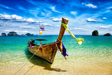 Long Tail Boat On Beach, Thailand