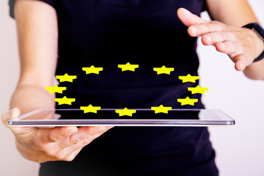 Hand holding Tablet PC with 3d info