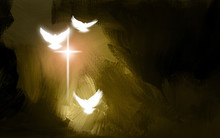 Spiritual Doves And Salvation Cross / Art Symbolic Of The Salvation Of Jesus Christ. Use As Background Or Feature Illustration.