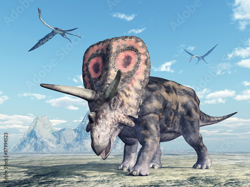 Fototapeta dla dzieci Dinosaur Torosaurus and pterosaur Quetzalcoatlus