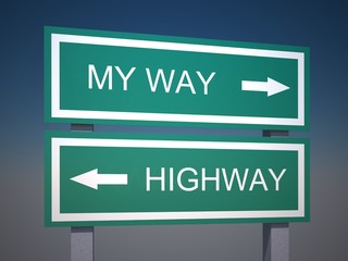 My way or highway green road sign on blue background