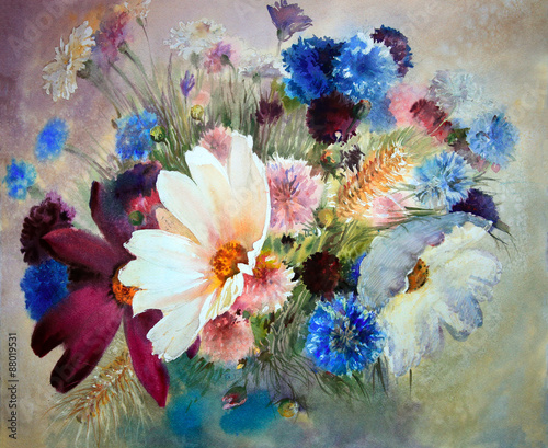 Naklejka - mata magnetyczna na lodówkę Watercolor painting of the beautiful flowers.