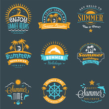 Summer Holidays Design Elements. Set Of Hipster Vintage Logotypes And Badges In Three Colors On Dark Background