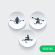 Rowing, kayak, canoe, rower icons on round 3d shapes, vector illustration, eps10