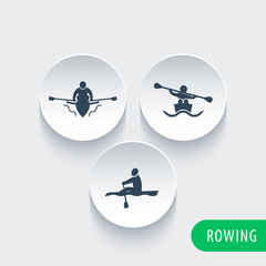 Poster - Rowing, kayak, canoe, rower icons on round 3d shapes, vector illustration, eps10