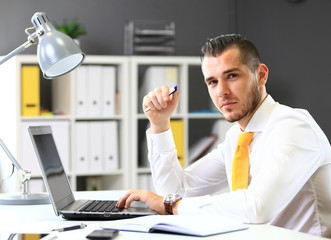 Canvas Print - Handsome businessman working with laptop in office