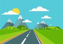 Vector Landscape Background. Road In Green Valley, Mountains, Hi