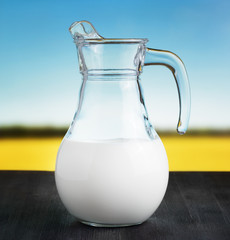 Canvas Print - Jug of milk on meadow background. Half full pitcher