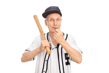 Canvas Print - Senior holding baseball bat and blowing a whistle